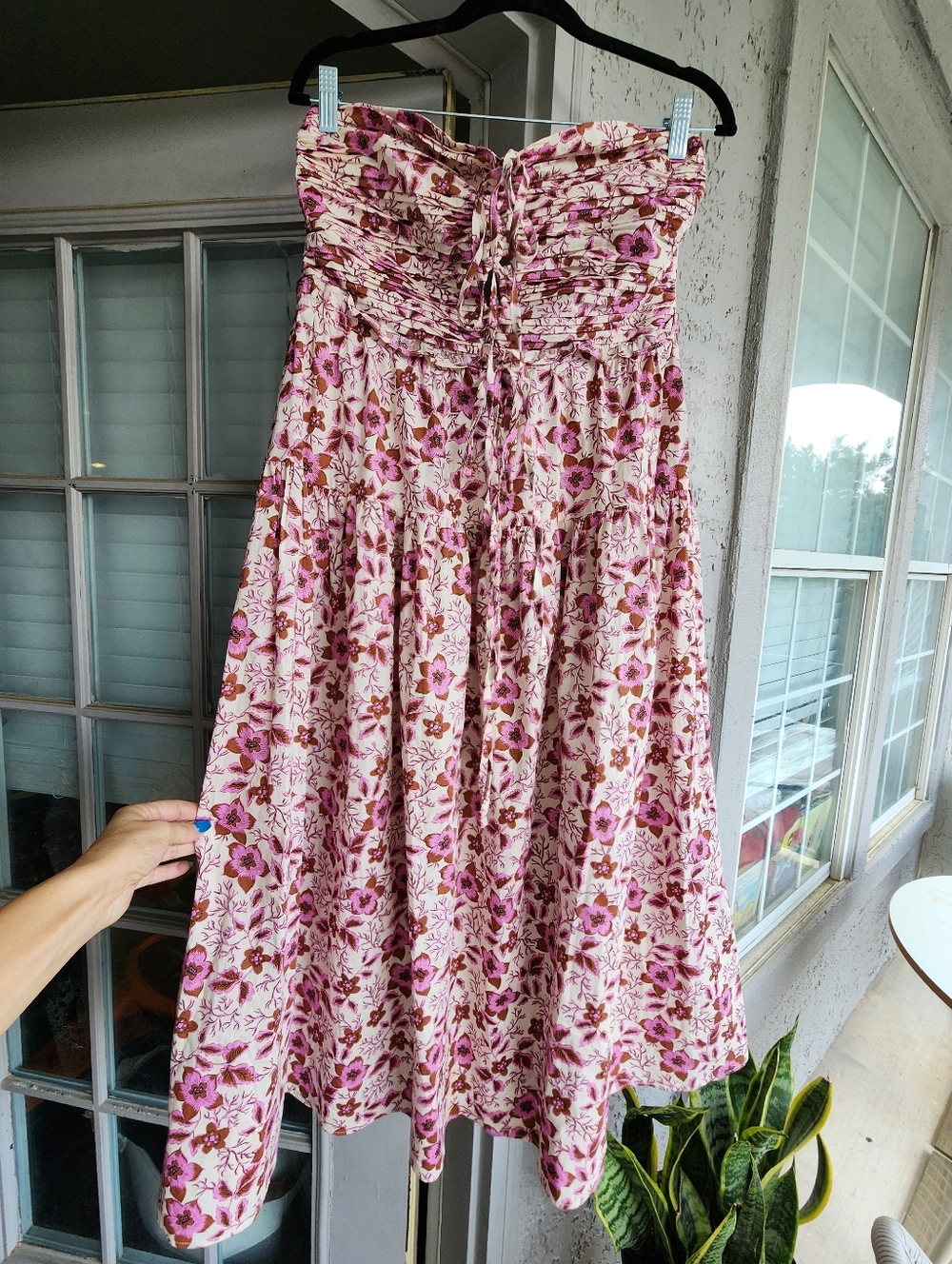 Jason Wu Smocked Floral Strapless Summer Midi Dress in Pink and Burgundy B12